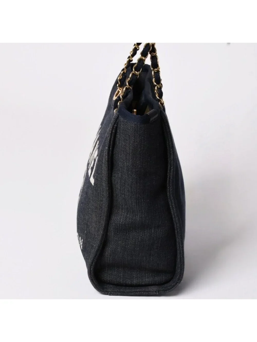 Chanel Deauville PM Chain Tote Shoulder Bag Denim Canvas CC Logo Navy Gold